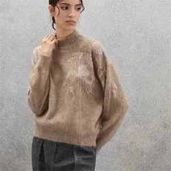 Female Cashmere Sweater  B*C O-Neck Sequin Decoration Knitted Pullover Half Turtleneck Long Sleeve Casual Top's