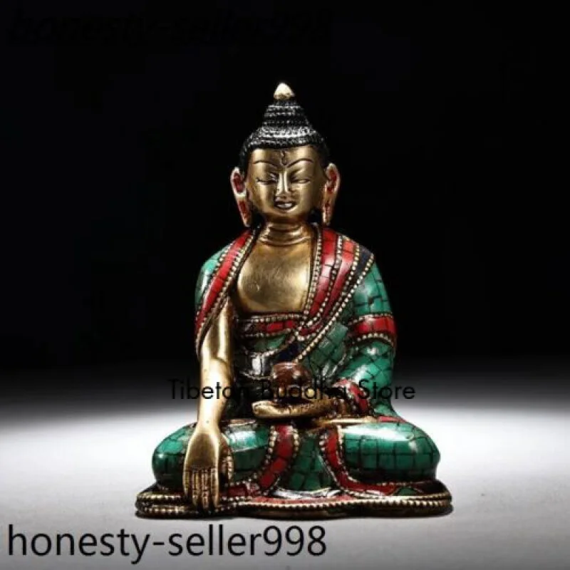 

Tibet Buddhism bronze gilt inlay Turquoise Sakyamuni Medicine Buddha statue