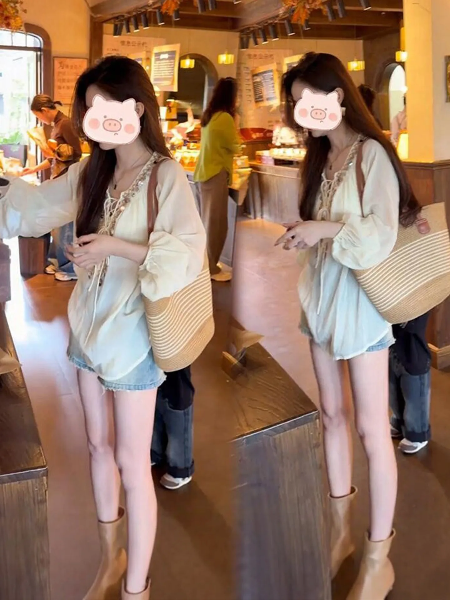 

Summer Casual Style Women's Fashion Set V-Neck Chiffon Top And Denim Shorts Travel Holiday Look plus Size Lantern Sleeve Suns...