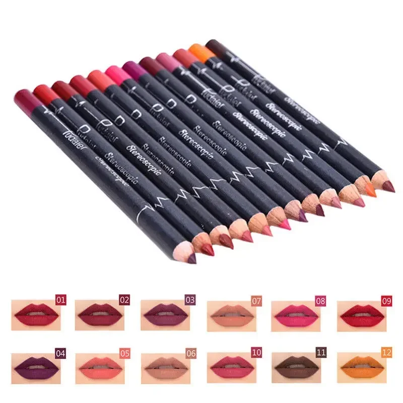 12 stks/set Waterdichte Potlood Lippenstift Set Pen Matte Lip Liner Langdurige Make-Up Pennen Gemakkelijk te Dragen non-stick Cup cosmetica Kits