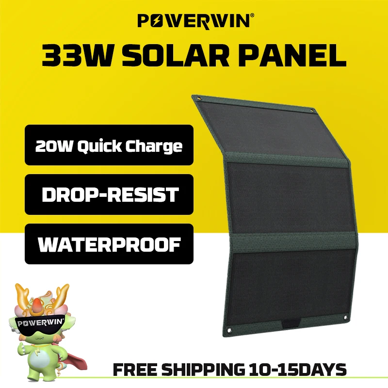 Pannello solare pieghevole POWERWIN PWS30, morbido ETFE da 33 W ad alta efficienza flessibile PD20W Type-C USB e DC5521, 3 porte di uscita per dispositivi mobili a ricarica rapida, resistente all'acqua IP65