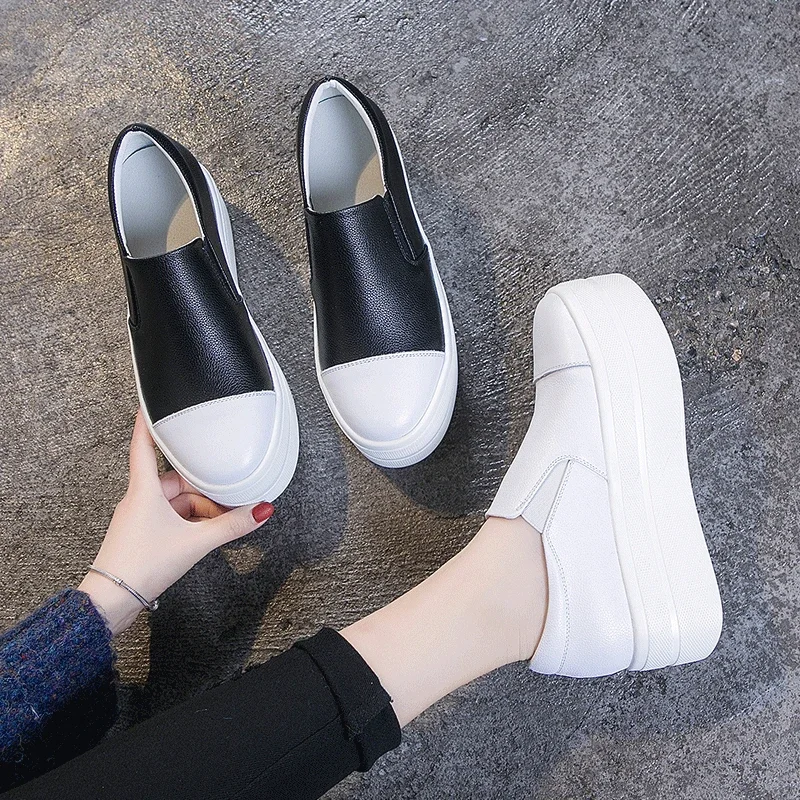 Fujin Casual Shoes Women\'s New Platform Heel Women Round Toe 2024 White Shoes Fashion Breathable Thick Bottom Slip Loafers Women