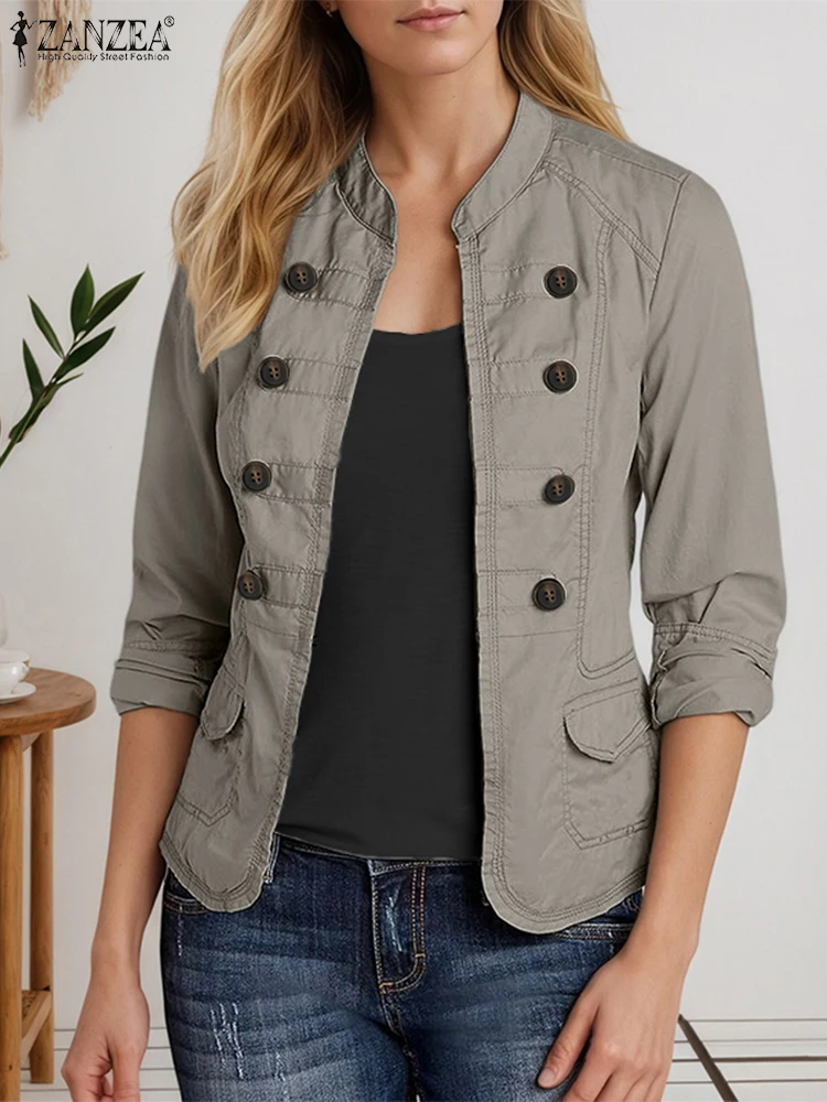 

ZANZEA Autumn Casual Lightweight Jackets Women Mandarin Collar Long Sleeve Open-Front Outerwear Commuting Solid Cardigan Coats