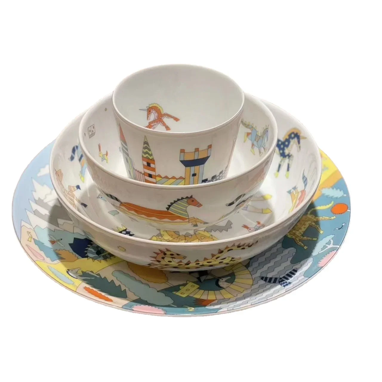 New European Bone China Children\'s Tableware Set Household Ceramic Cartoon Plate Bowl Four-Piece Wedding Gift Gift Box