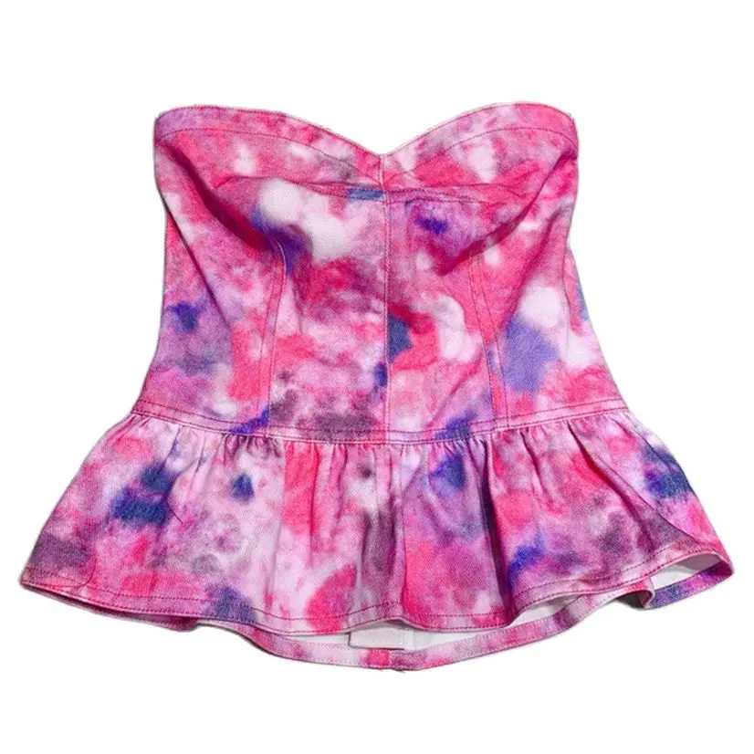 

Backless Sexy Pink Tie Dyed Tank Tops for Women 2023 Summer Fashion Denim Cropped Top Female Vests Y4038