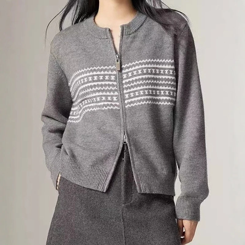

Жаккардовый свитер с круглым вырезом в стиле ретро, женские повседневные уличные вязаные кардиганы в корейском стиле, свободная верхняя одежда на термомолнии