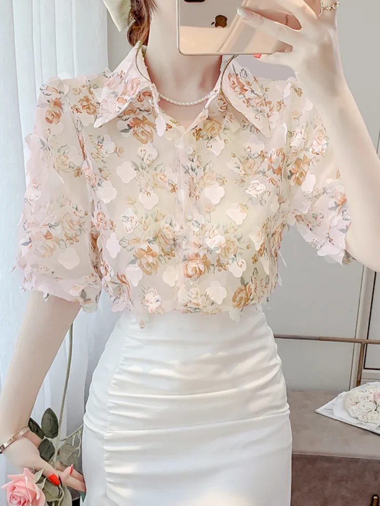 Roupas femininas temperamento impressão perspectiva camisas femme doce topos primavera moda floral turn-down colarinho blusa de manga longa