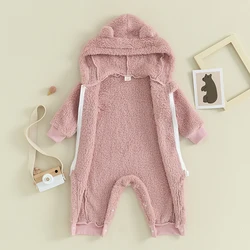 Unisex Baby Winter Fuzzy Plush Jumpsuit Bear Ear Snowsuit Hooded Romper Warm Coat Footed Zipper Romper