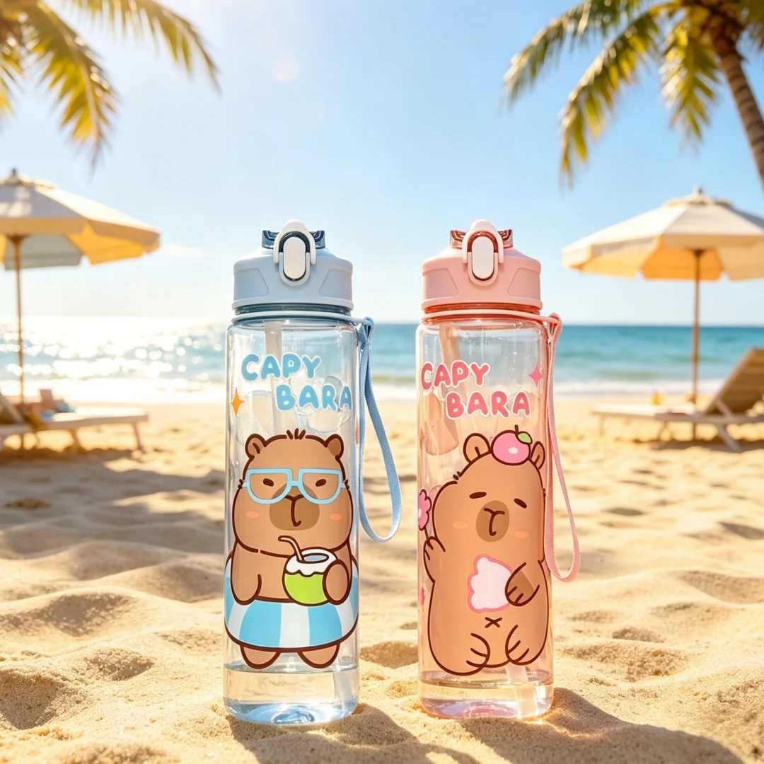 Capybara Cartoon Straw Cup, Cute Insulated Water Bottle with Zipper, Large Capacity, Lightweight & Portable for School, Outdoors
