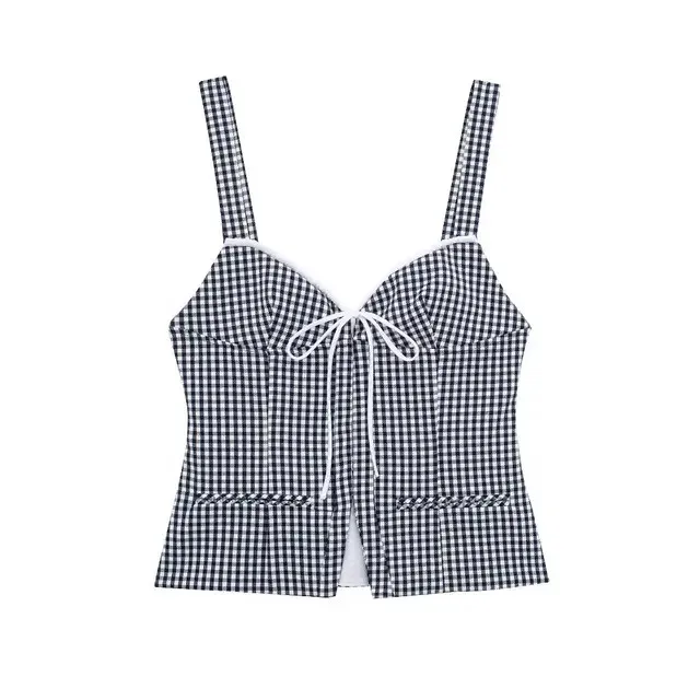 

BabYoung Women New Summer Casual Black And White Plaid Tops Woman Chic Vintage Sexy Bow Decoration Backless Tank Top Mujer