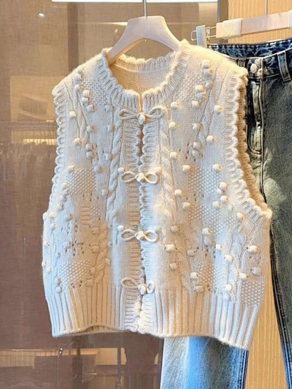 

Women's Knitted Sweater Vest Loose Autumn Winter Faion Layering Chinese Sle National Trend Open Cardigan oulder Coat