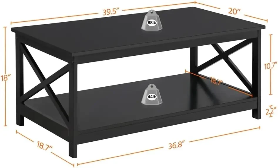 Mesa de centro negra de 2 niveles de madera con estante de almacenamiento para sala de estar, mesa de cóctel con acento de diseño X, muebles para el hogar de fácil montaje