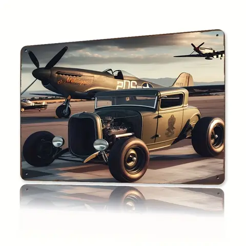 Metallskylt med biplan och klassisk bil - Retro väggkonst i järn, för bar, hem, för man cave-dekor, utomhusbruk - Perfekt present 10 best sales dekorativ plakett - №1