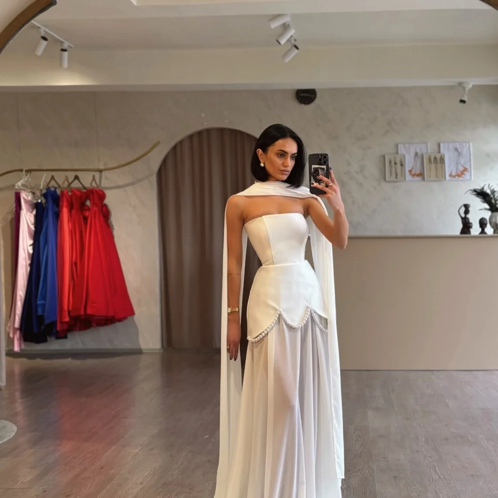 Amanda Customized White Pearls Strapless Two-Piece Set Prom Dresses Sleeveless vestidos de noche Satin A-line Formal Evening image 5