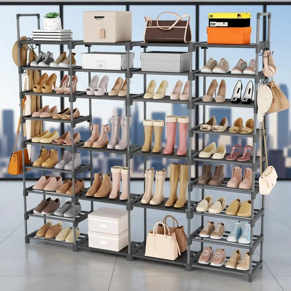 

Large 9-Tier Shoe Rack Organizer for 64-68 Pairs with Removable Hooks, Grey