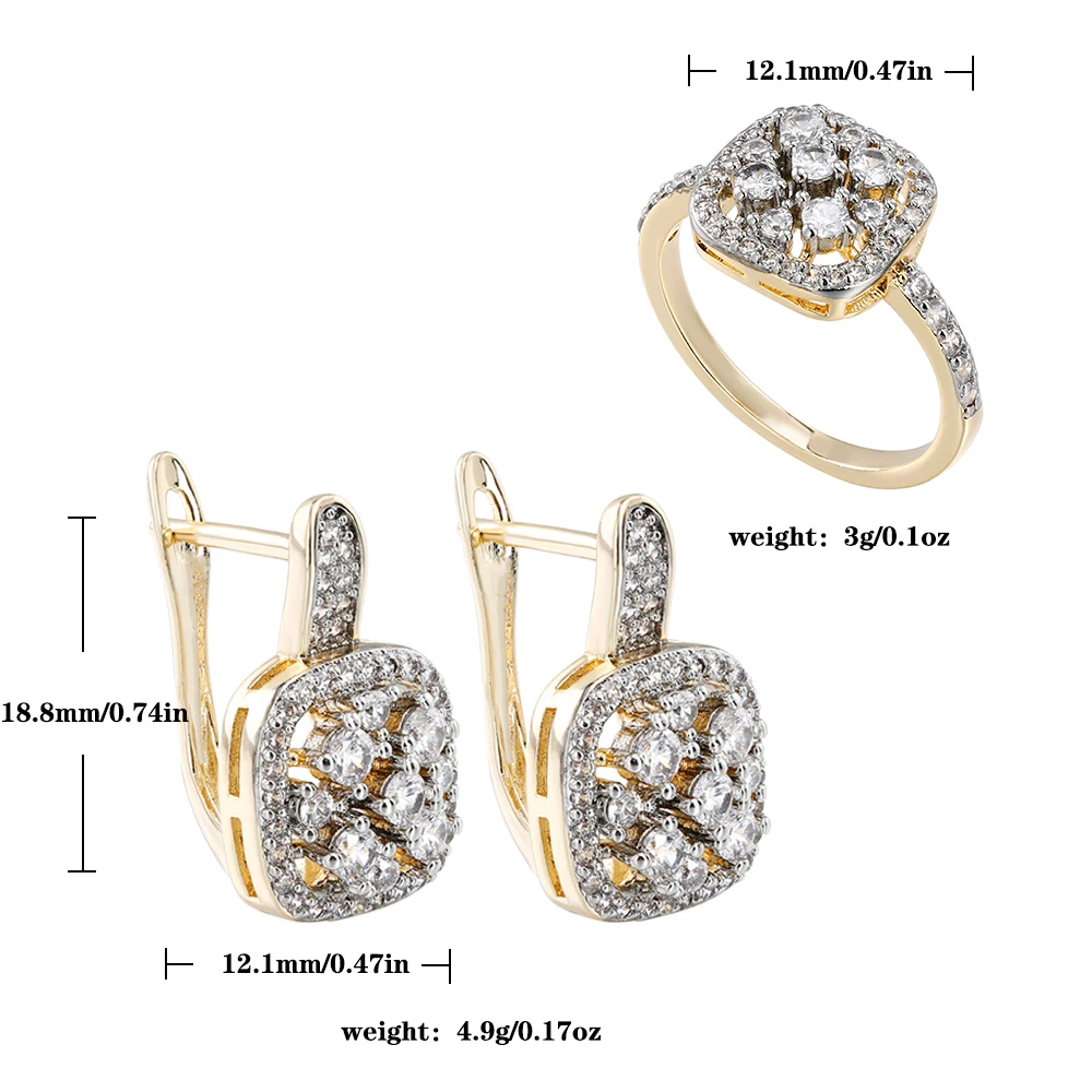 Classic square inlaid zircon earrings ring for women two-color three-piece set fashion jewelry holiday party birthday set gift