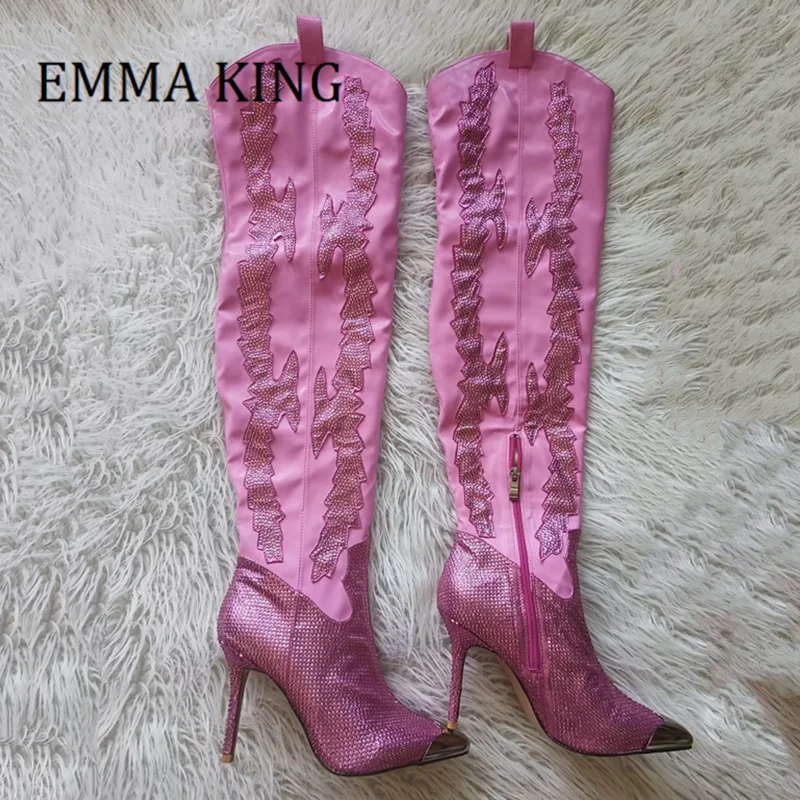 Women Rhinestone Embellished Over The Knee Boots Sexy Pointed Toe Embroidered Western Dress Boots Ladies Party Thigh High Boots