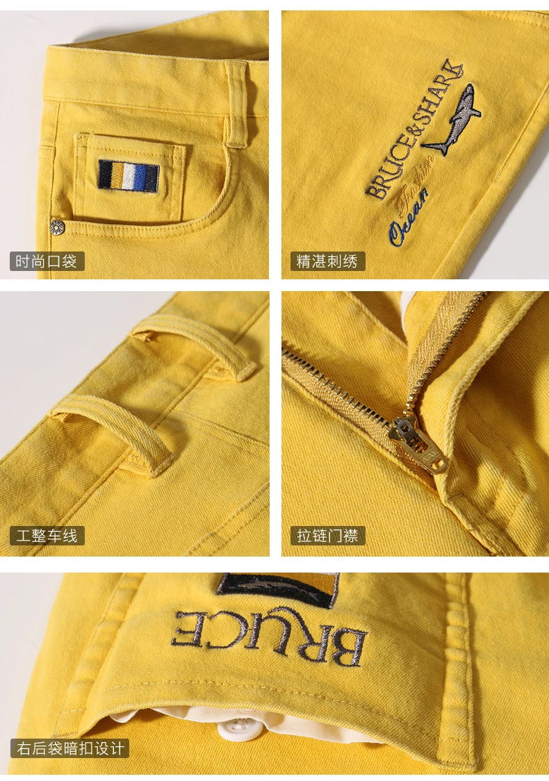 New Summer Men‘s Yellow Jeans Shorts Fashion Embroidery Bruce&Shark Straight Stretch Denim Shorts Men Ripped Knee Length Jeans