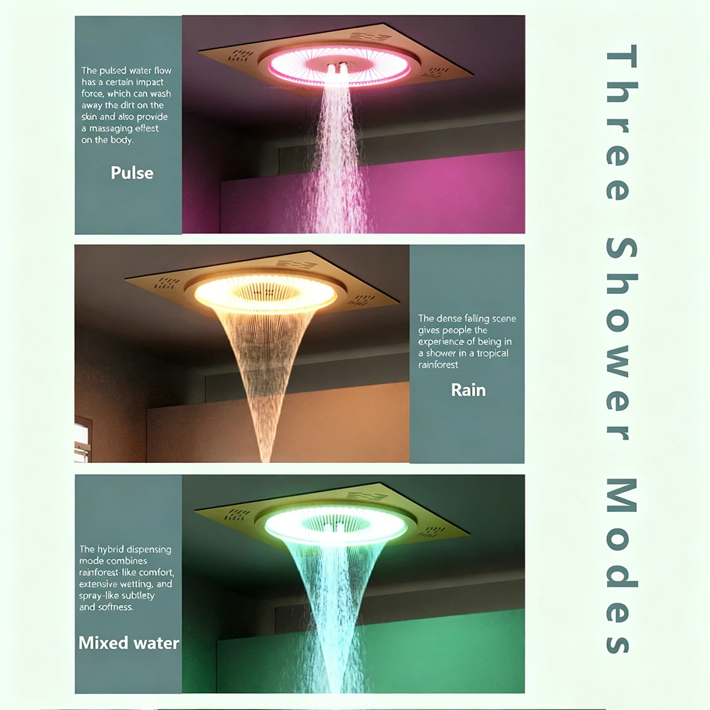 50x50cm LED Shower Head with Music 4-Function Thermostatic Shower System Brushed Gold Luxury Bathroom Rain Shower Set