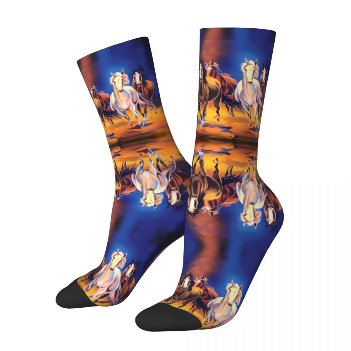 Funny Happy Seven Horse Oil Painting Men's Socks Retro Harajuku Galloping Horses Hip Hop Novelty Pattern Crew Crazy Sock