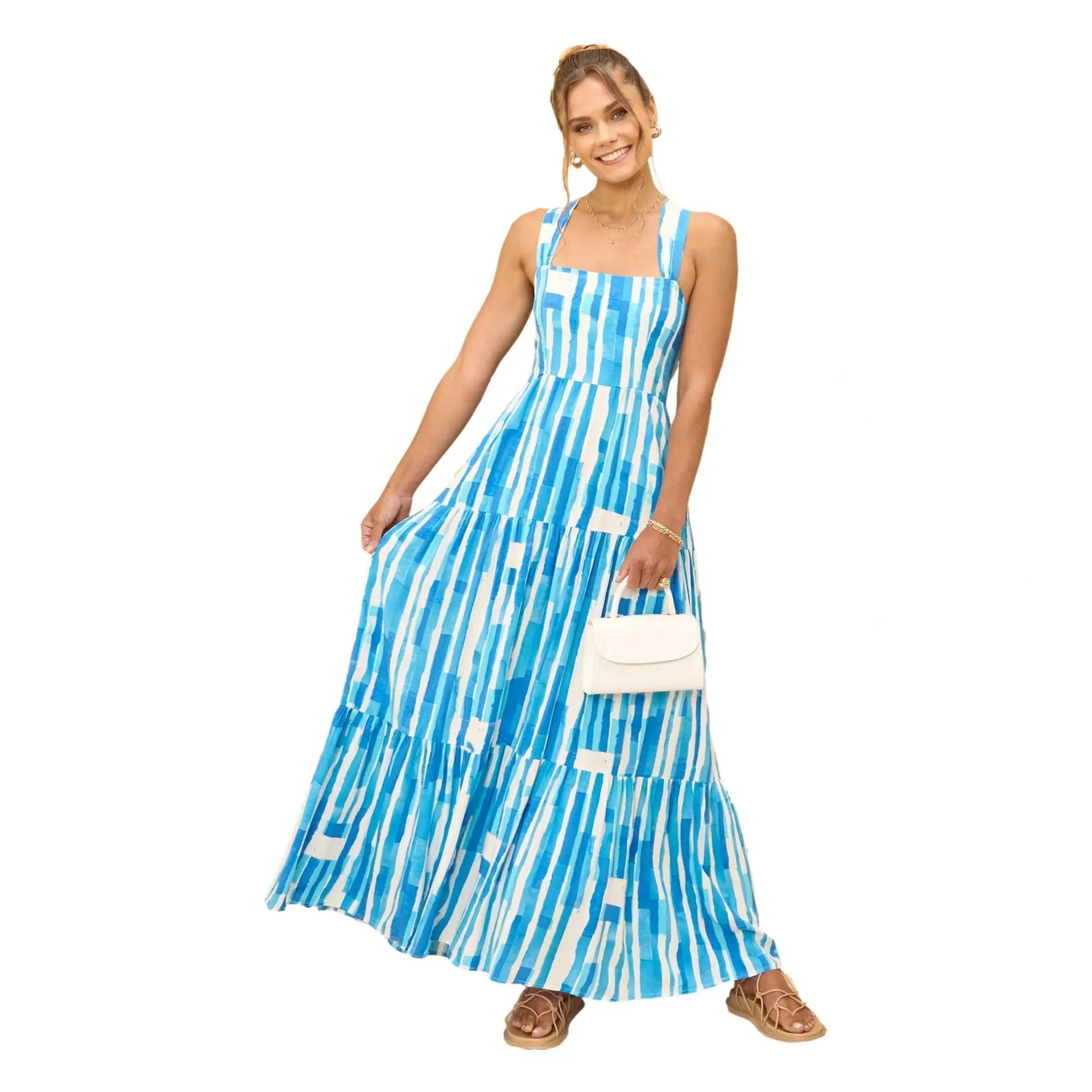 Robe d'été rayée à col à un mot, style vacances européennes et américaines, nouvelle collection 88116