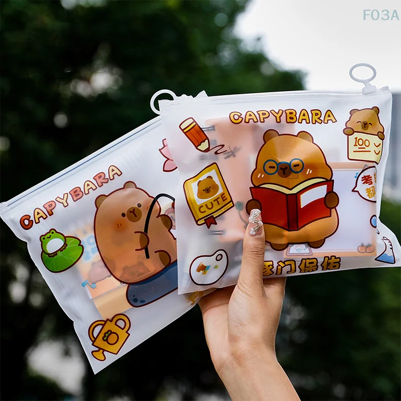 Transparent Waterproof Cartoon Cute Capybara File Bag Light Zipper File Bag Large Opening Portable Storage Bag School Supplies