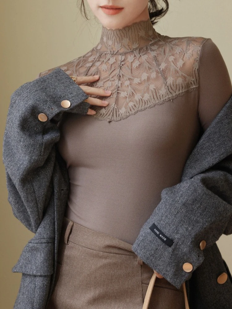 الجوف خارج محبوك البلوزات البلوفرات النساء ربيع الخريف الدانتيل البلوزات قمصان عادية كم طويل المرقعة الياقة المدورة سليم القمم