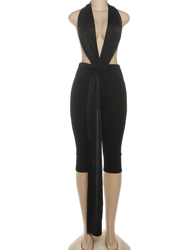 Sisterlinda Backless Halter Romper Women Ribbon Patchwork Sleeveless Elastic Workout Activewear Midnight Activity Slim Playsuits