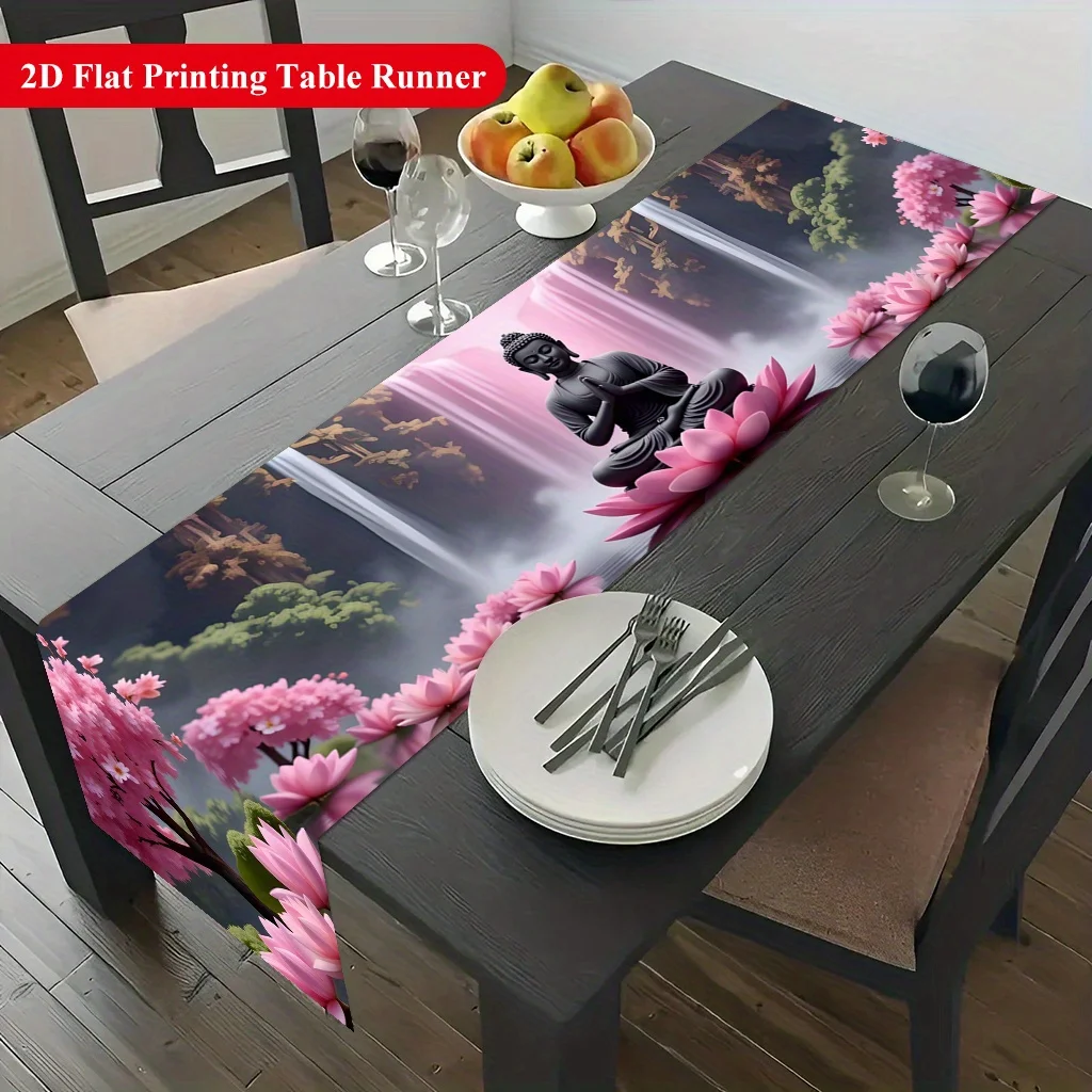 1 Piece of Table Runner Featuring a Buddha Statue and Pink Cherry Blossoms, Suitable for Farmhouse, Indoor, Kitchen, Celebrations, Table Decoration, Restaurant, and Banquet Decoration Supplies