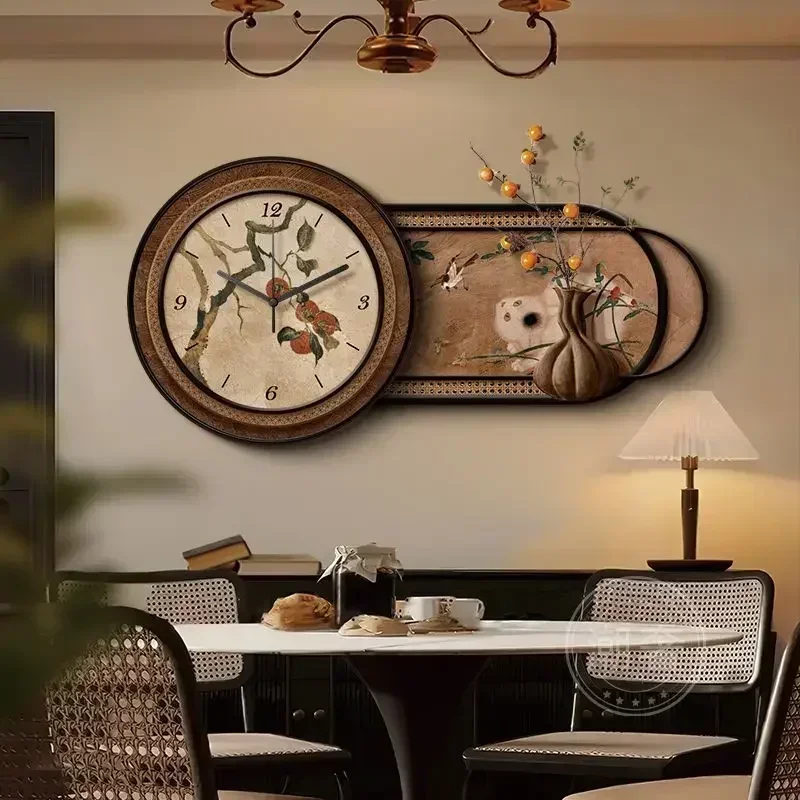 Chinese Retro Home Decor Wall Clock Living Room Decoration Three-dimensional Sandstone Decorative Painting Wall Clock