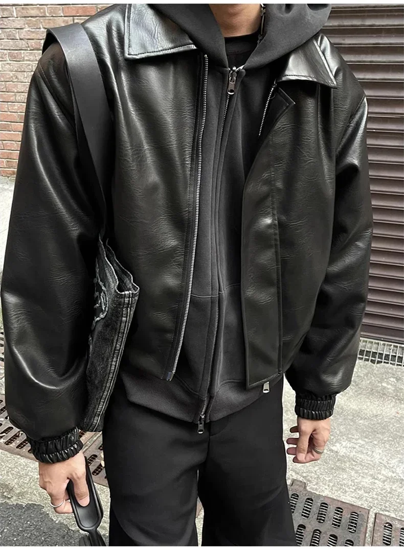 Y2k Spring Autumn Cool Oversized Short Black Soft Pu Leather Jacket Men Zipper Luxury Designer American Vintage Street Clothes