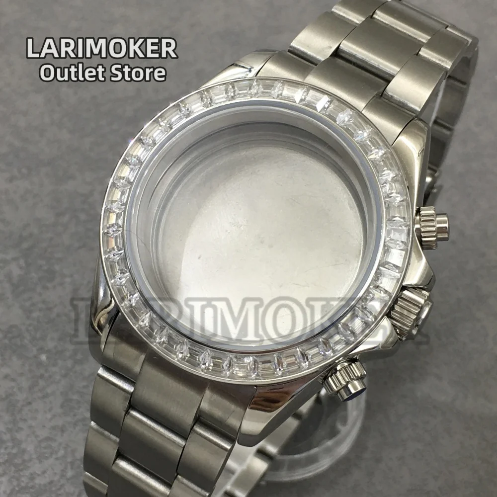 

LARIMOKER VK63 39MM watch case sapphire glass silver diamond ring mouth stainless steel case for vk63 quartz Movement accessorie