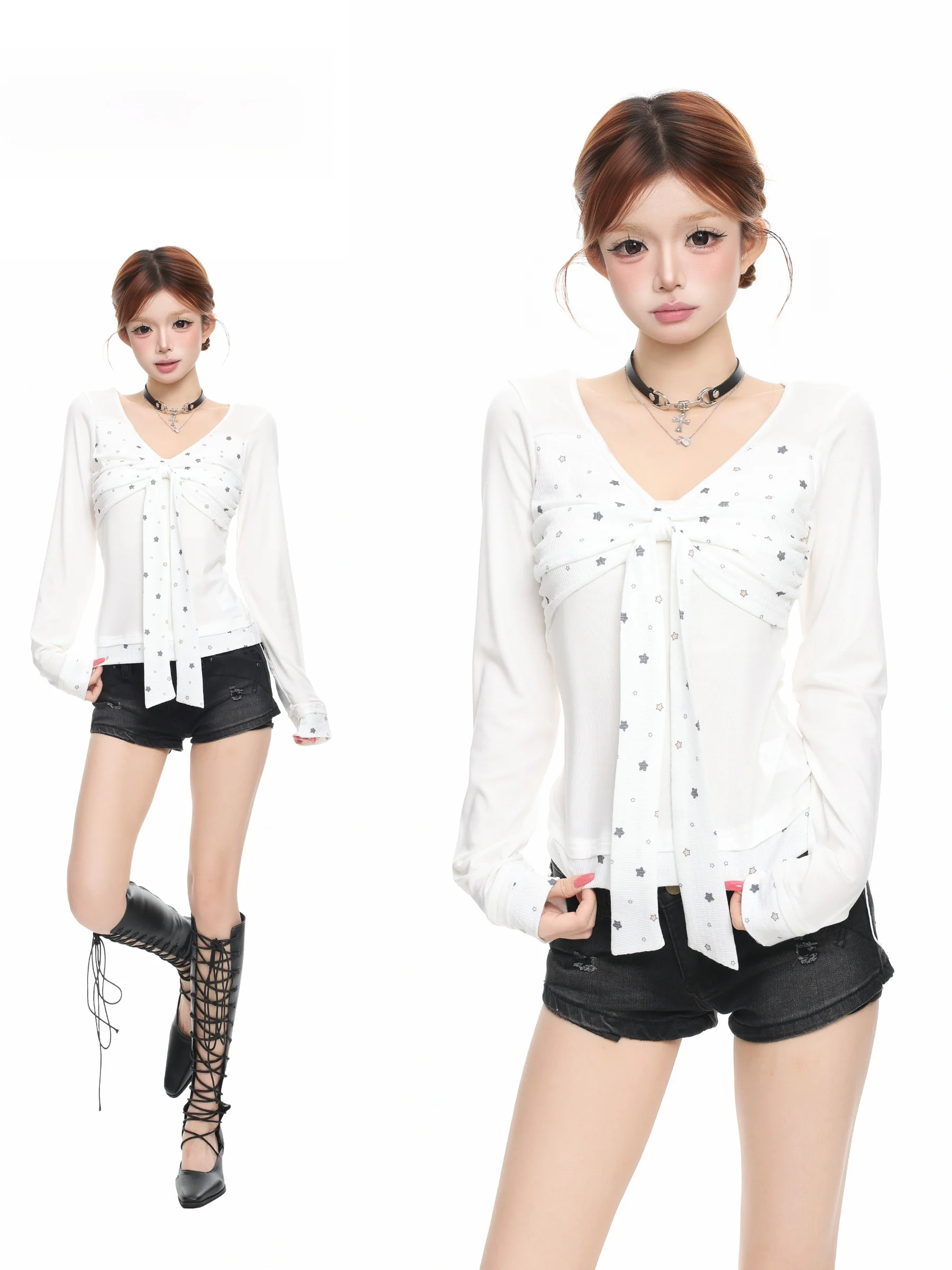 BASTERDS Long Sleeve T-Shirt Women's Autumn Waist Cinching Short Style Star  Knot Design Breathable Comfortable Poly...