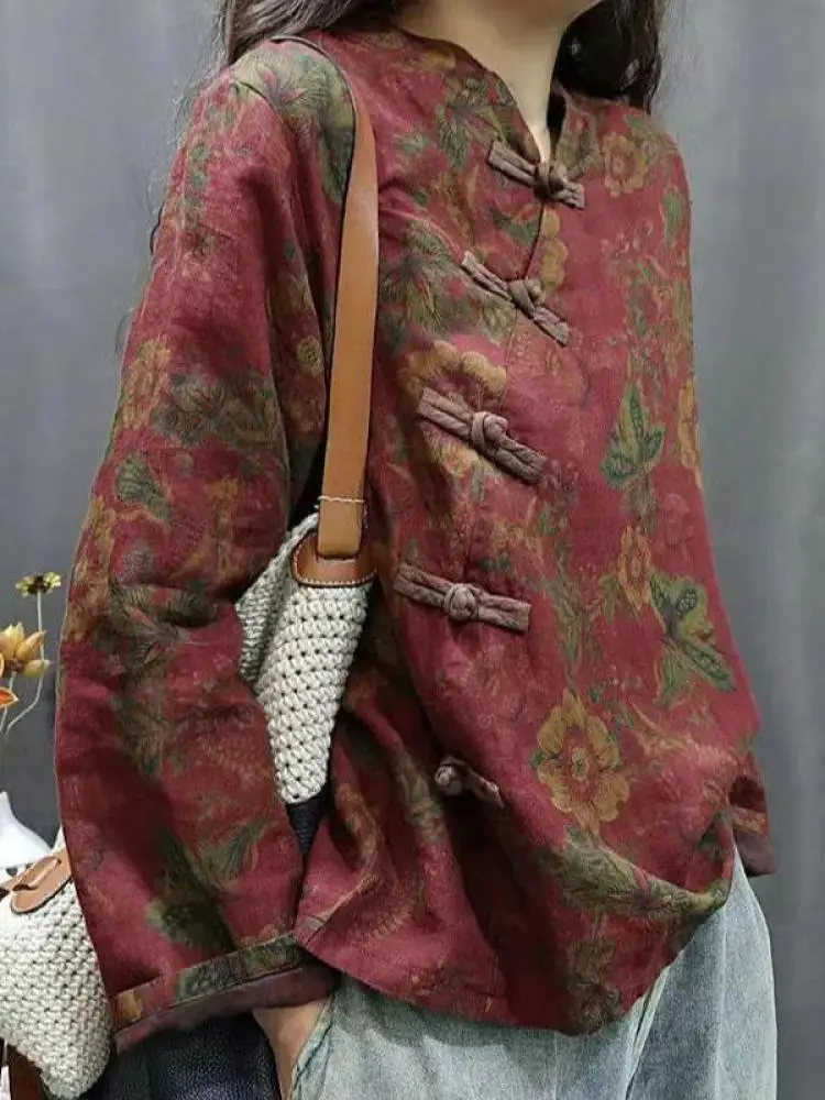 Women Cotton Linen Chinese Style Shirt Frog Button V-neck Loose Long Sleeve Floral Print Green Brown Zen Casual Blouse Oversized
