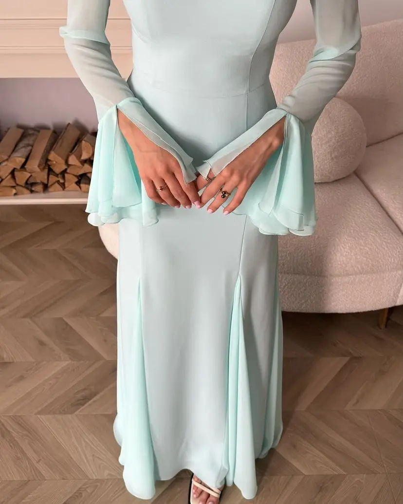 Elegante Meerjungfrau lange Ärmel Abendkleider Vierkant ausschnitt Plissee Chiffon boden lange Ballkleider Party kleider