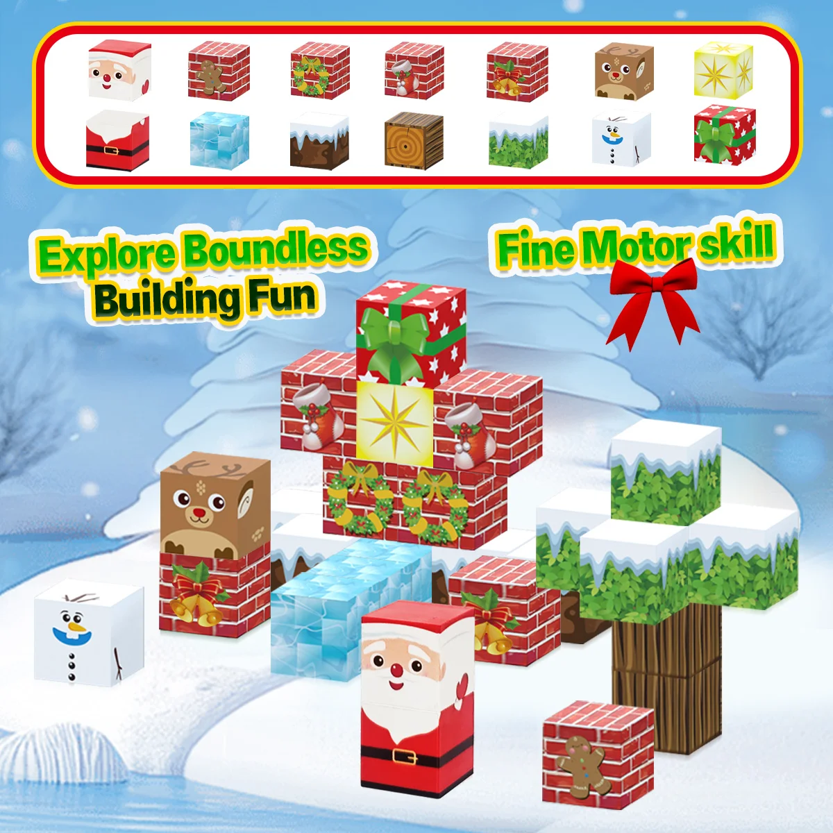 Set di blocchi magnetici natalizi, blocco magnetico con scatola di ferro per bambini, blocco magnetico a tema natalizio di Babbo Natale, giocattolo con blocchi magnetici