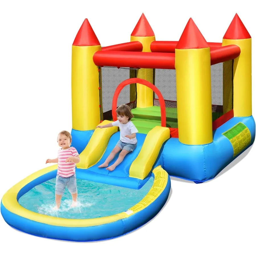 Tobogán acuático inflable 4 en 1, casa de rebote con tobogán, piscina contra salpicaduras, área de rebote grande, malla de poliéster, obstáculo interior y exterior Co