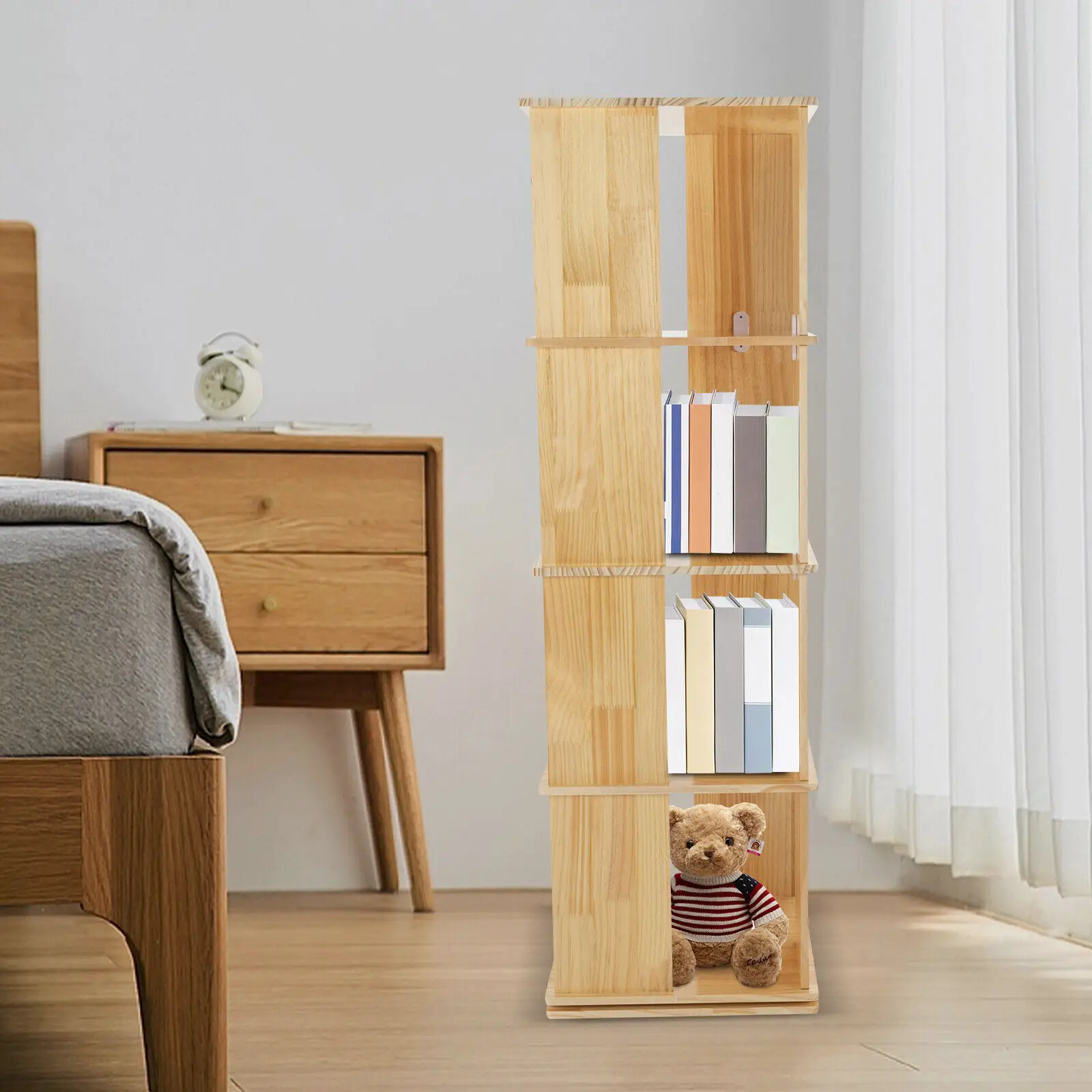 

360 Rotating Bookshelf Bookcase Storage Shelf Display Rack Stand, Wood Color