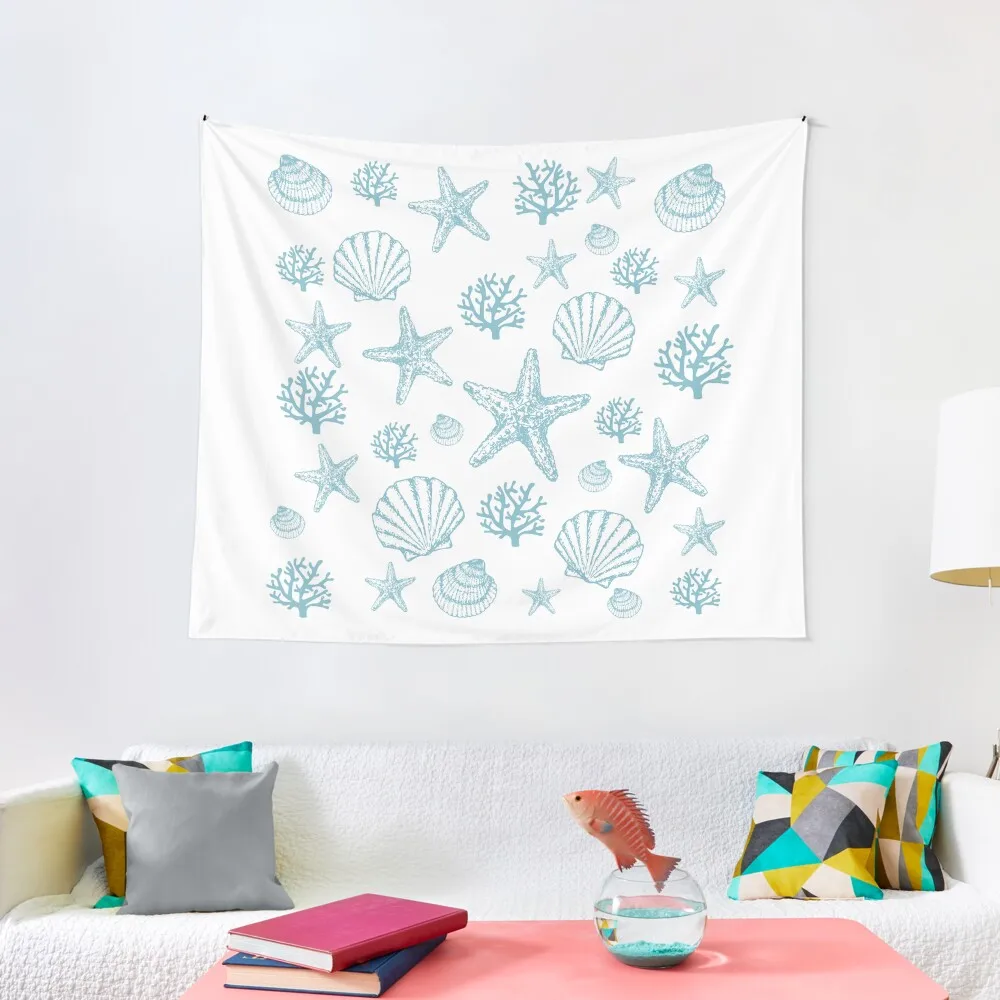 

Teal Seashells And Coral Beachy Pattern Tapestry Room Aesthetic For Bedroom Decorative Wall Mural Tapestry