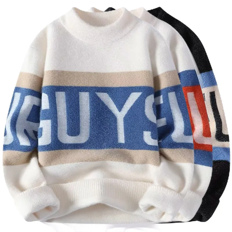 

Модный брендовый вязаный свитер больших размеров на флисовой подкладке с цветными блоками для мужчин, осенне-зимний пуловер
