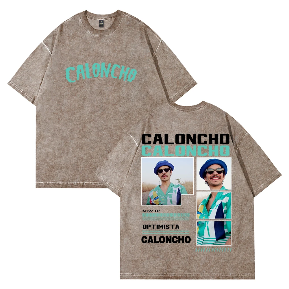تي شيرت Caloncho Vintage مغسول بياقة دائرية وأكمام قصيرة من القطن تي شيرت للنساء والرجال ملابس خروج خارجية