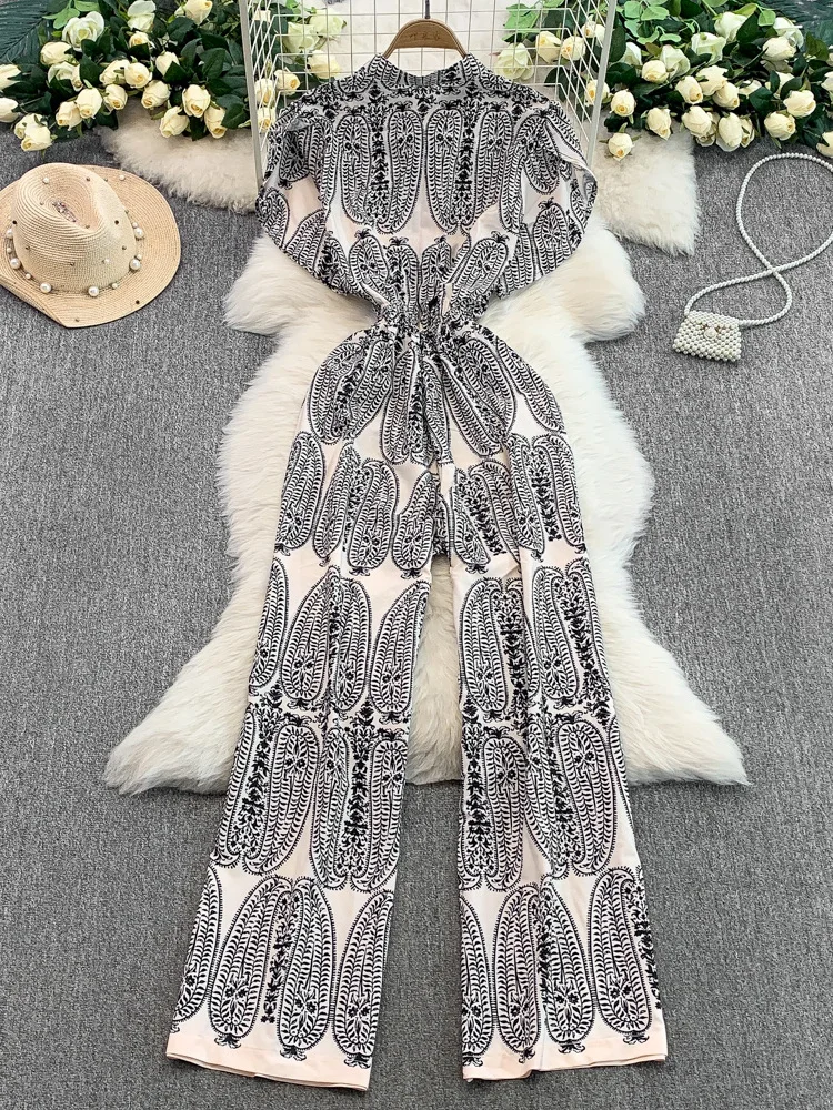 

Ele Floral Print V-Ne ort Sve Dr Women's Summer New Sle Single Button Slimming Wide Leg Pants High Waist