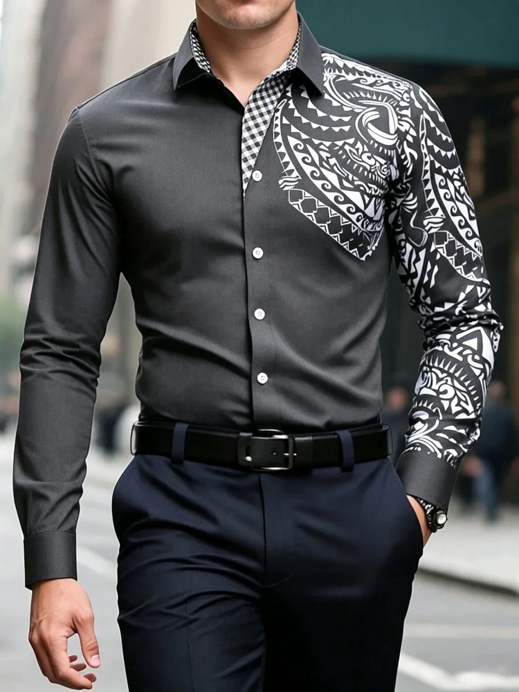 Men's asymmetrical Polynesian totem printed long sleeved shirt with checkered patchwork collar, business casual top