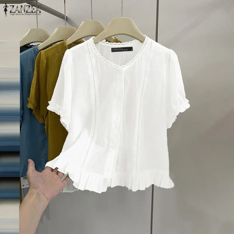 

ZANZEA Women's Lace Patchwork White Shirts Summer 2026 O-Neck Short Puff Sleeve Ruffled Trim Solid Color Shirt Casual Woman Tops