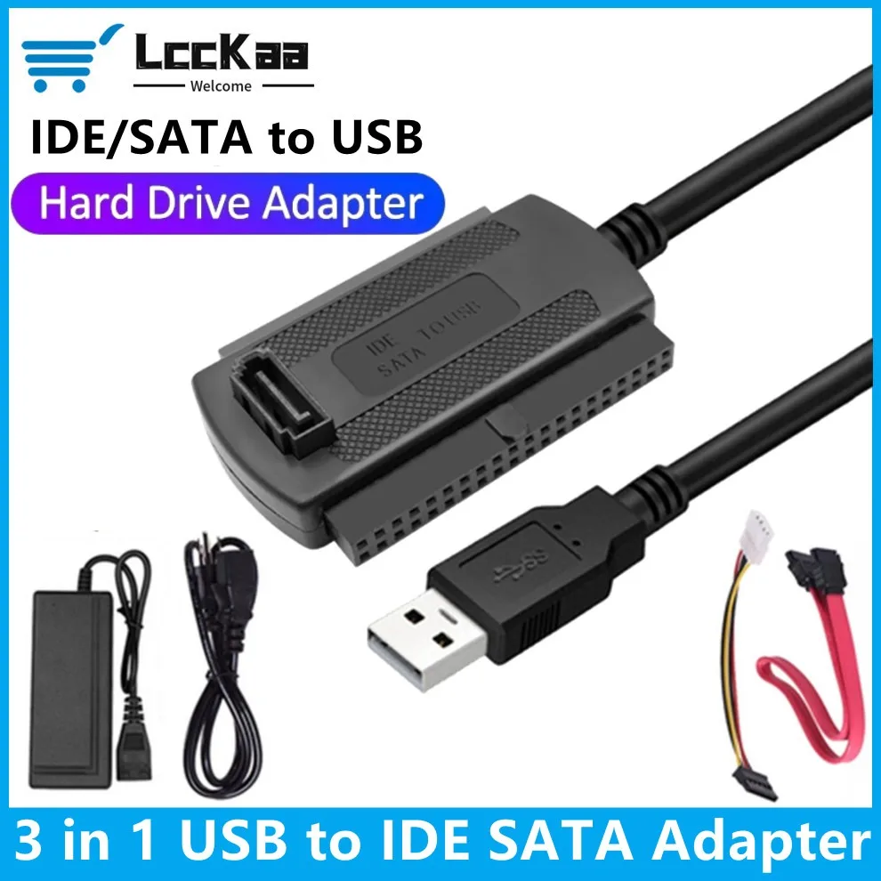 3-in-1 IDE SATA zu USB-Adapterkabel USB zu SATA IDE-Konverter für 2,5 3,5 Zoll SSD HDD mit AC-Adapter, unterstützt Windows MAC OS