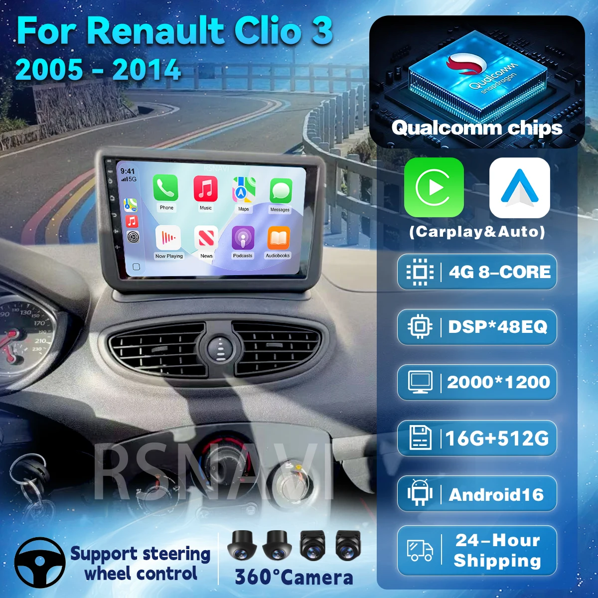 Android 16 For Renault Clio 3 2005-2014 2K QLED Android Car Radio Multimedia Video Player AI Voice CarPlay 4G Stereo Navigation