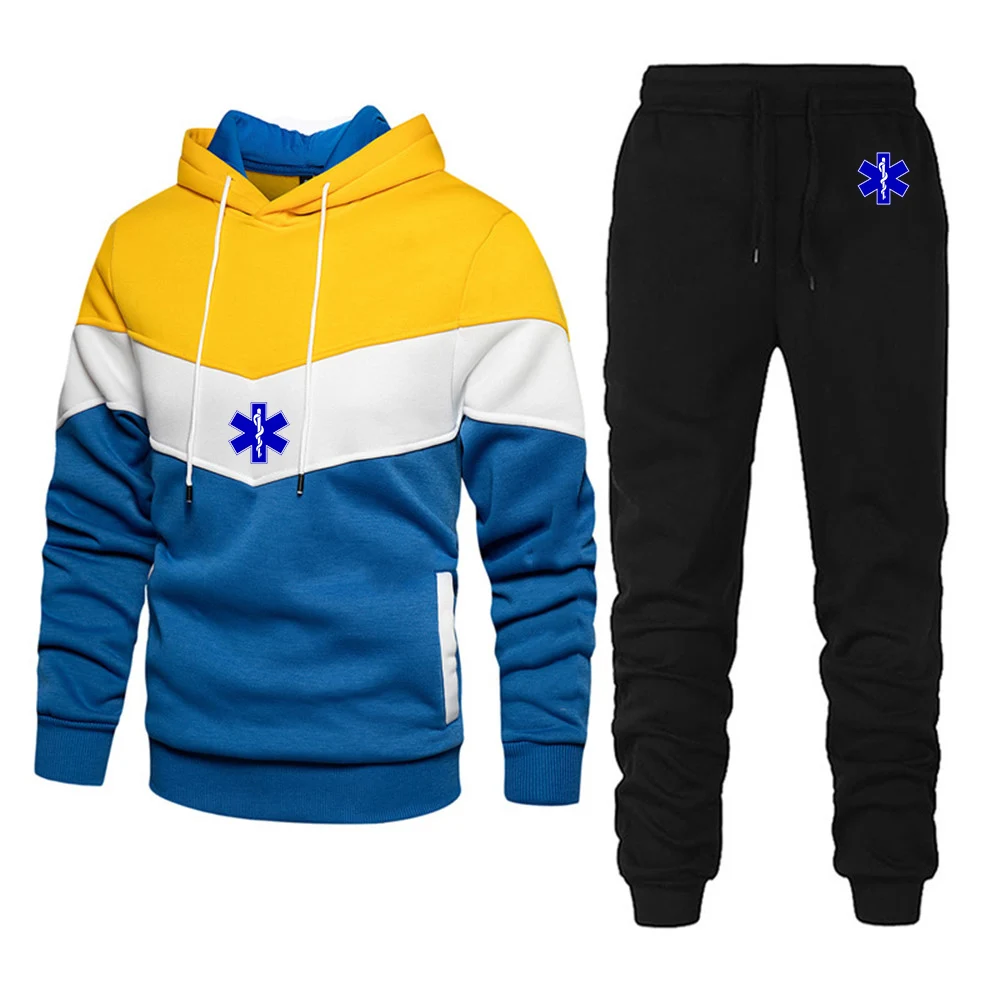 EMT de ambulância de emergência masculina com capuz esportivo, costura tricolor, estampa elegante, roupas casuais, outono e inverno, 2023, novo