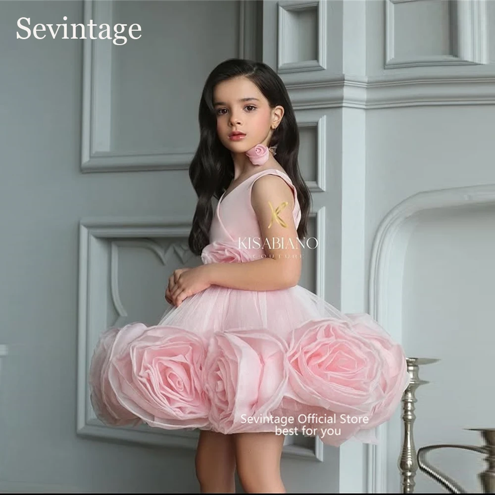 Sevintage Cute Pink Baby Flower Dresses 3D Flowers Sleeveless Birthday Gifts Wedding Dresses For Kids ropa de niña Customized