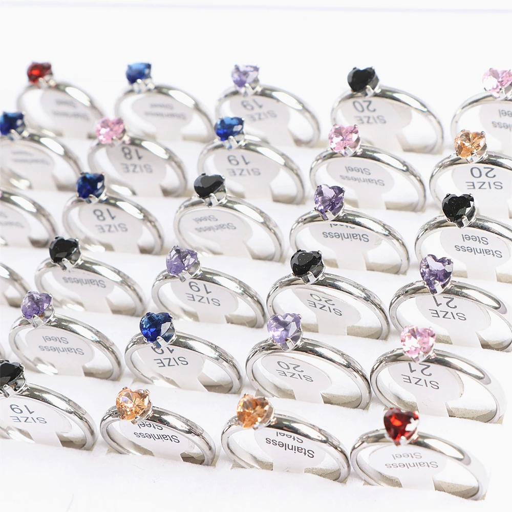 20Pcs/Lot Fashion Colorful Heart Crystal Stainless Steel Rings Jewelry For Women Gold Silver Plated Wedding Party Gift Wholesale