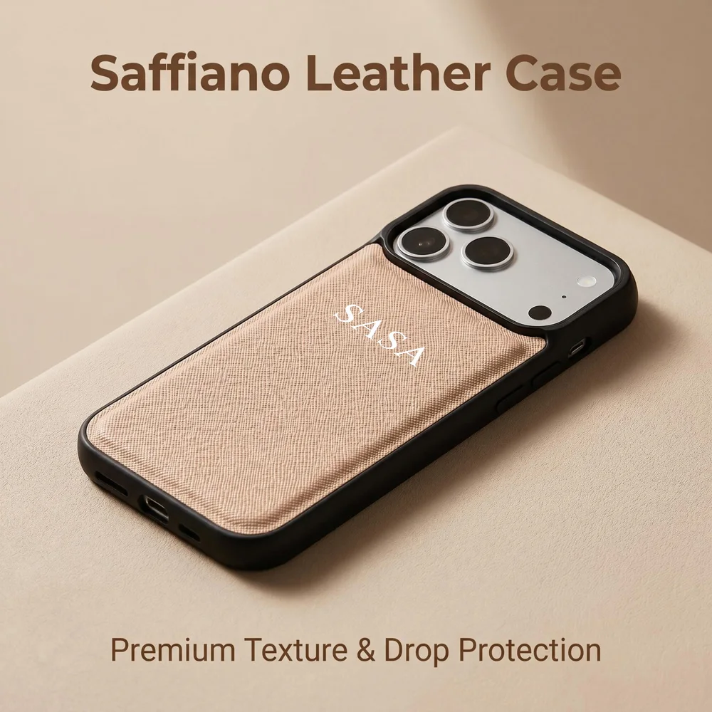 Single Initial Custom Gold Hot Stamping Embossed Case for iPhone 14 15 16 17 18  Pro Max Premium Saffiano PU Leather Phone Cover